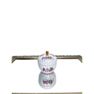 Porcelain Vanity Trinket / Jewelry Jar with Lid and Pink Rose, Yellow Flower